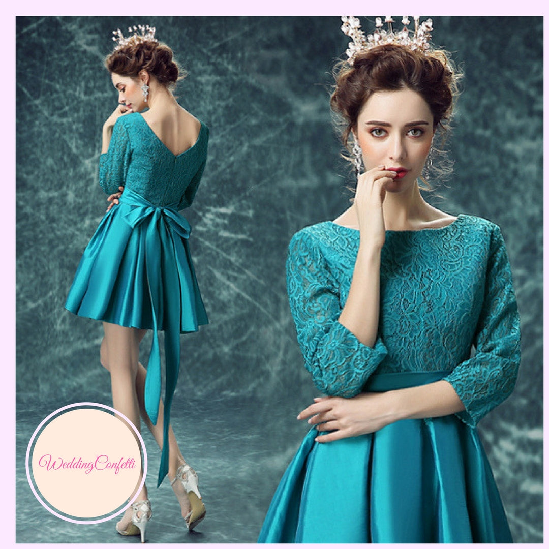 The Tessa Wedding Bridal Teal Long Sleeves Short Dress