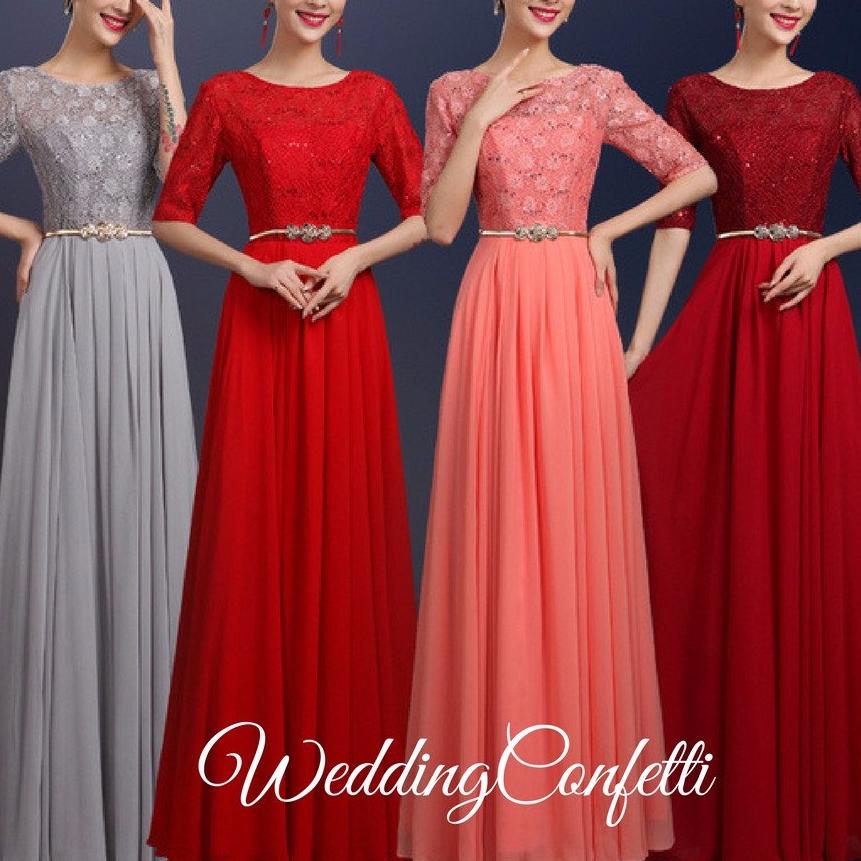 The Rosetta Black / Grey / Red / Coral / Green Lace Sleeves Evening Gown