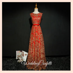 The Riselle Gold/Blue/Red Sleeveless A Line Gown