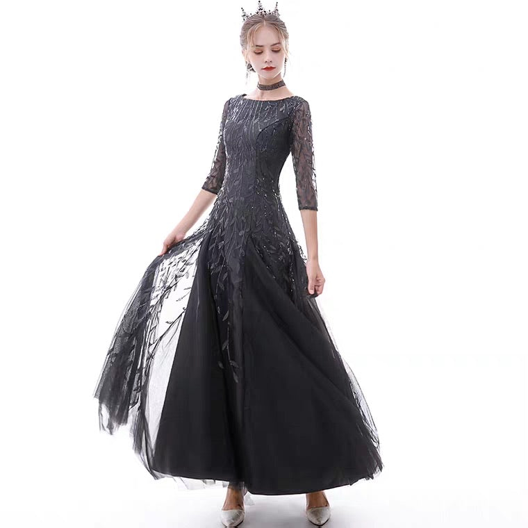 The Marleigh Long Sleeve Black/Blue/Silver Gown