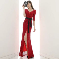 The Lavinia Long Sleeves Red Sequined Gown
