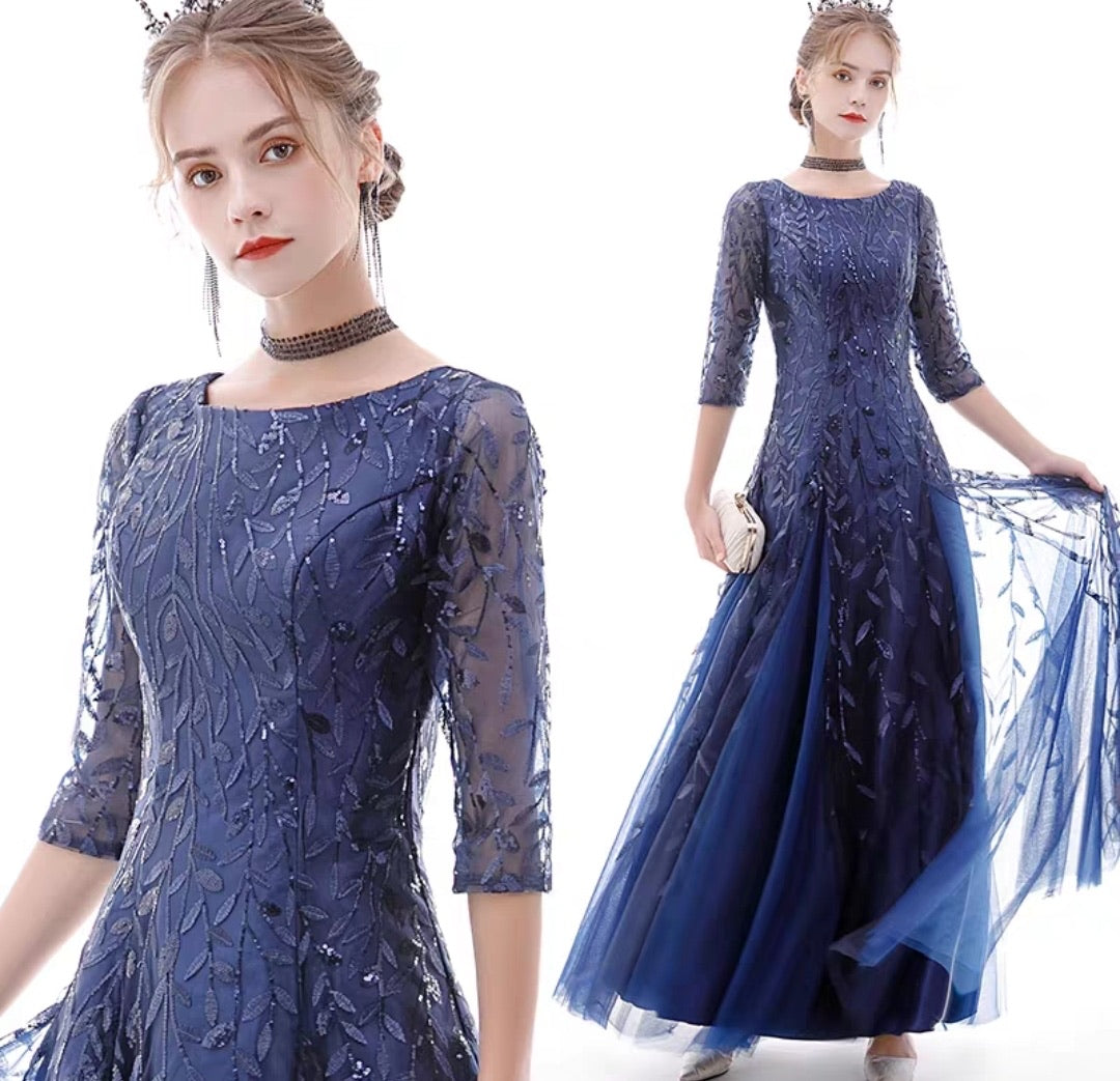 The Marleigh Long Sleeve Black/Blue/Silver Gown