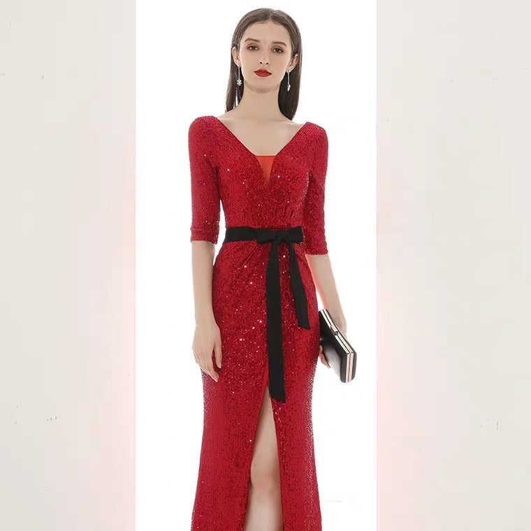 The Lavinia Long Sleeves Red Sequined Gown