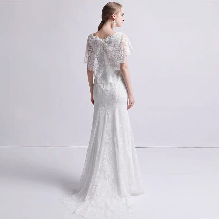 The Petunia Wedding Bridal Illusion Short Draped Sleeves Lace Gown