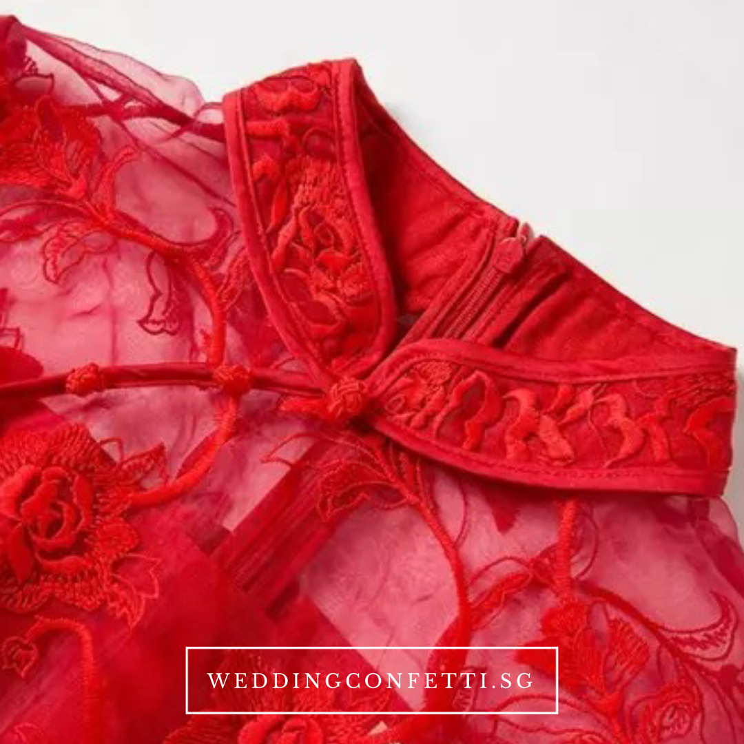 The Elidia Red Oriental Lace Mandarin Collar Qipao Dress