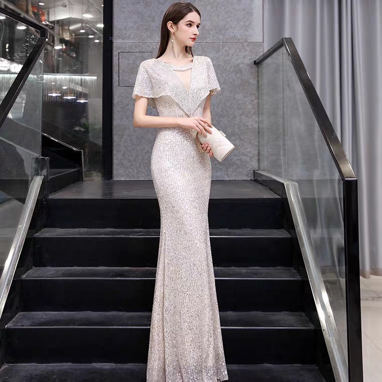 The Reysel Short Sleeves Sequined Sliver Gown