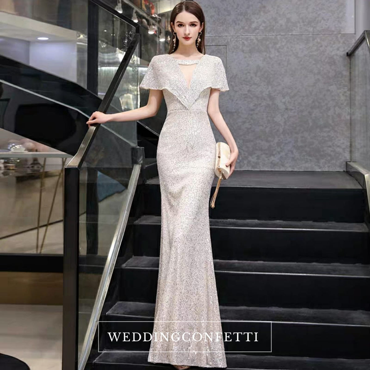 The Reysel Short Sleeves Sequined Sliver Gown