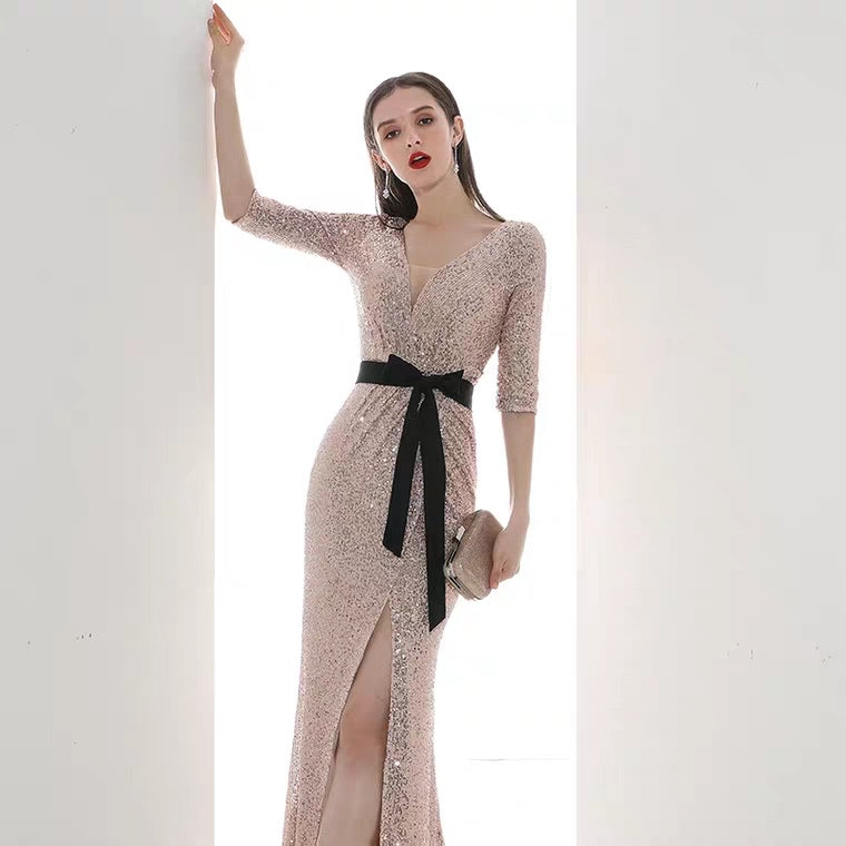 The Lavinia Long Sleeves Gold Sequined Gown