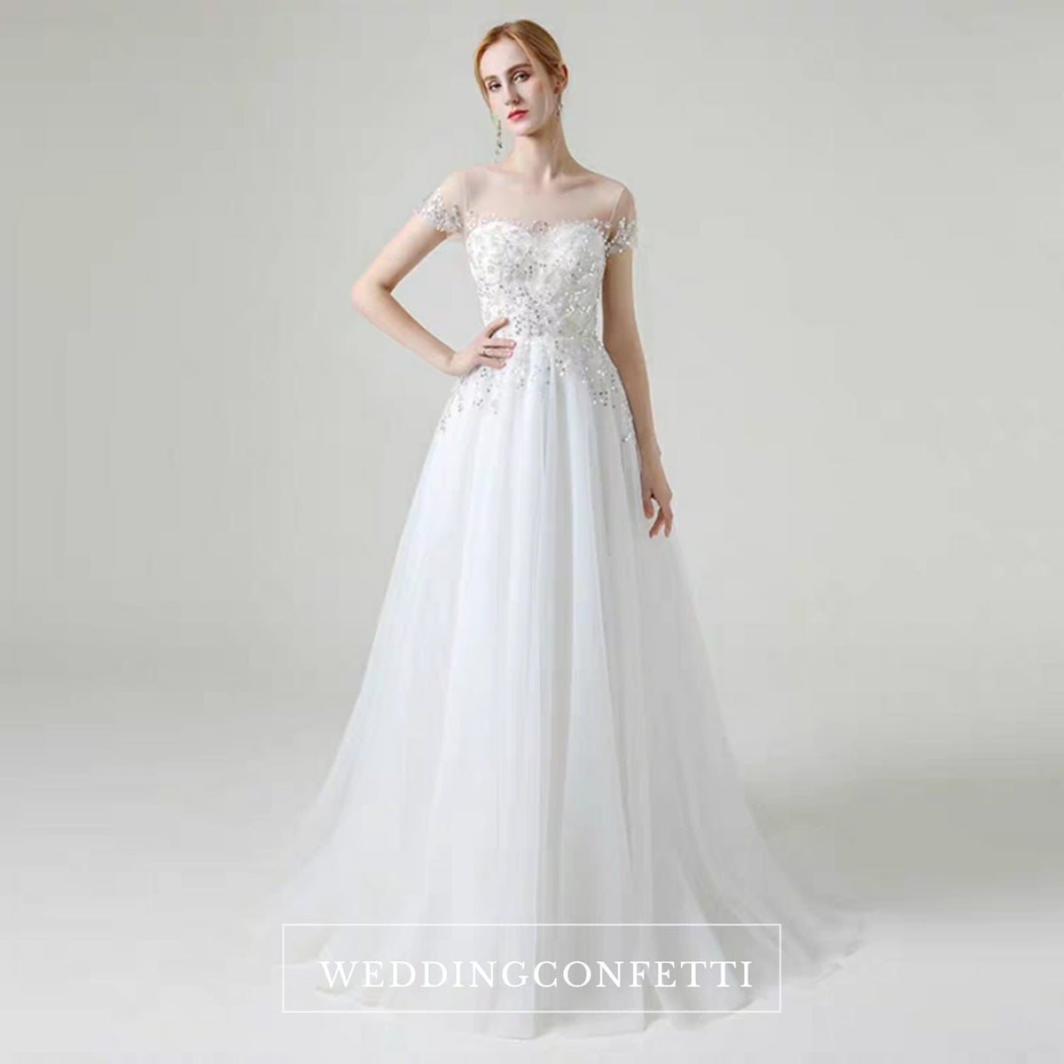 The Khloe Wedding Bridal Illusion Boat Neck Lace Gown
