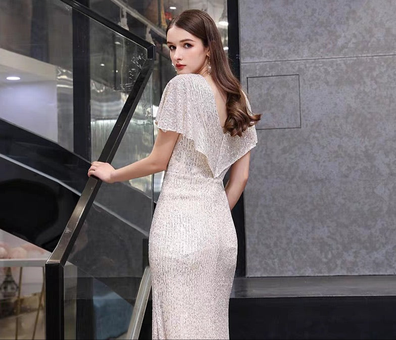 The Reysel Short Sleeves Sequined Sliver Gown
