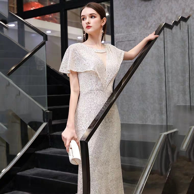The Reysel Short Sleeves Sequined Sliver Gown