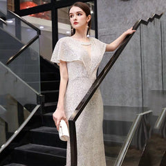 The Reysel Short Sleeves Sequined Sliver Gown