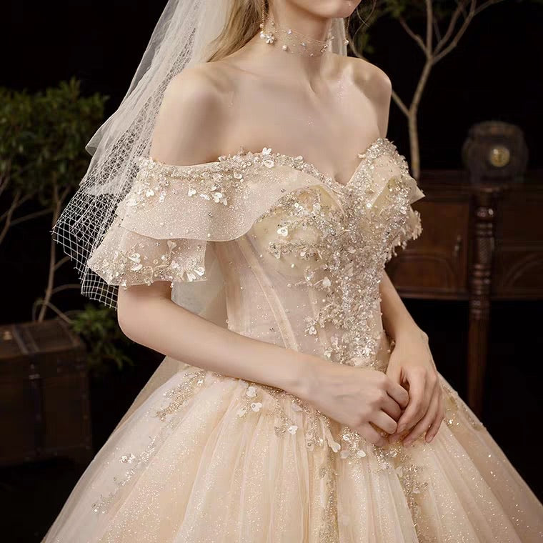 The Serenity Wedding Bridal Off Shoulder Glitter Champagne Gown