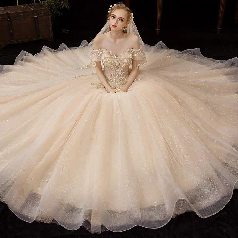 The Serenity Wedding Bridal Off Shoulder Glitter Champagne Gown