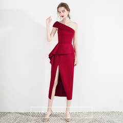 The Charis One Shoulder Origami Red / White Dress With Slit