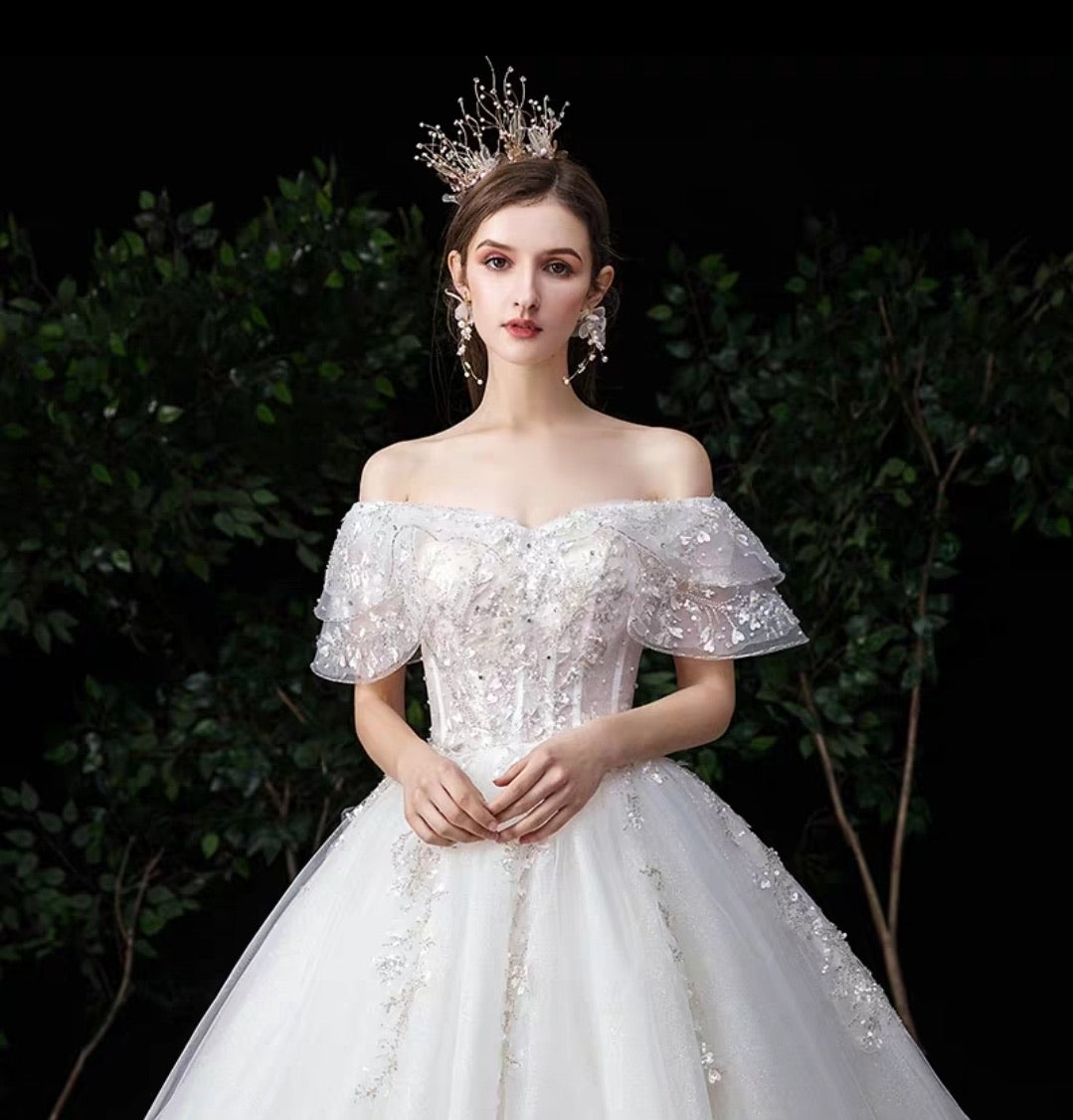 The Serenity Wedding Bridal Off Shoulder Glitter Champagne Gown