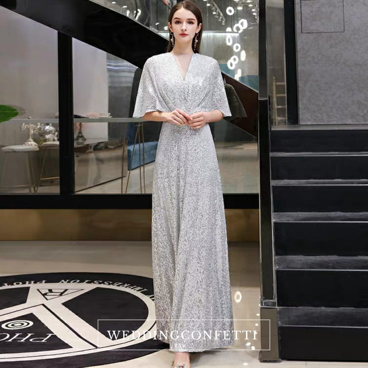 The Rayna Silver Sequined Draped Sleeves Gown (Available in 2 colours)