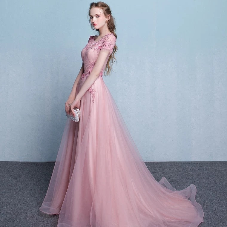 The Pennslyvania Pink Short Sleeve Tulle Gown