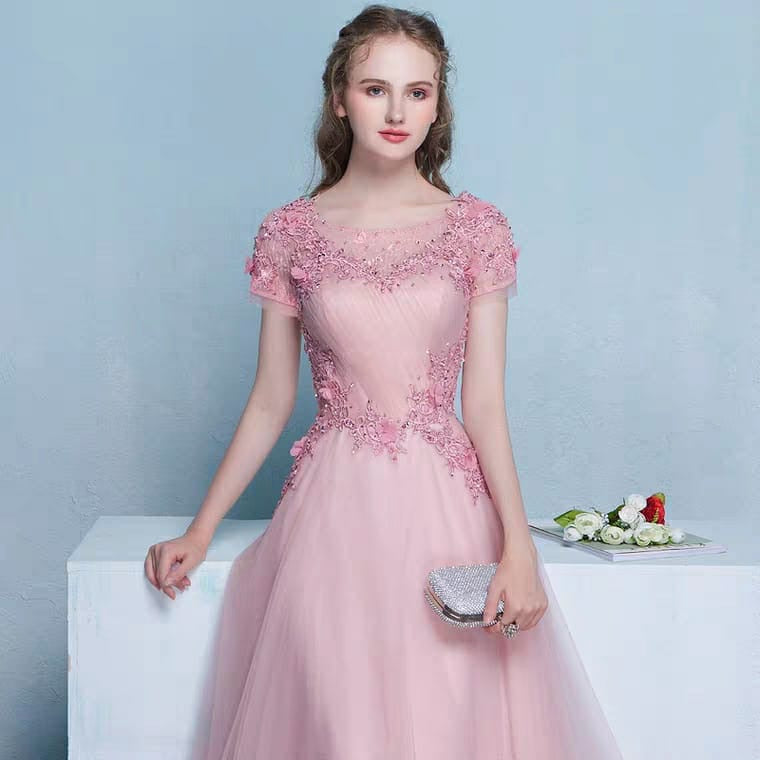 The Pennslyvania Pink Short Sleeve Tulle Gown