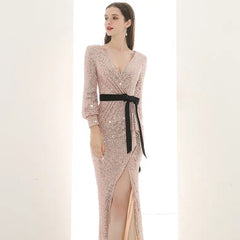 The Lavinia Long Sleeves Gold Sequined Gown