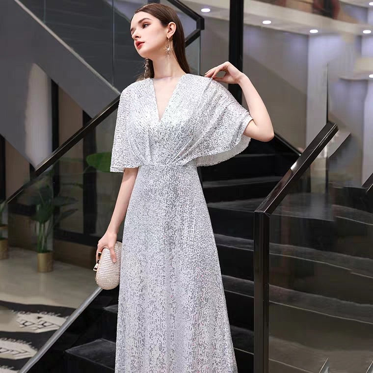 The Rayna Silver Sequined Draped Sleeves Gown (Available in 2 colours)