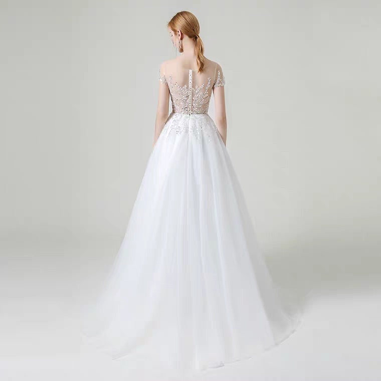 The Khloe Wedding Bridal Illusion Boat Neck Lace Gown