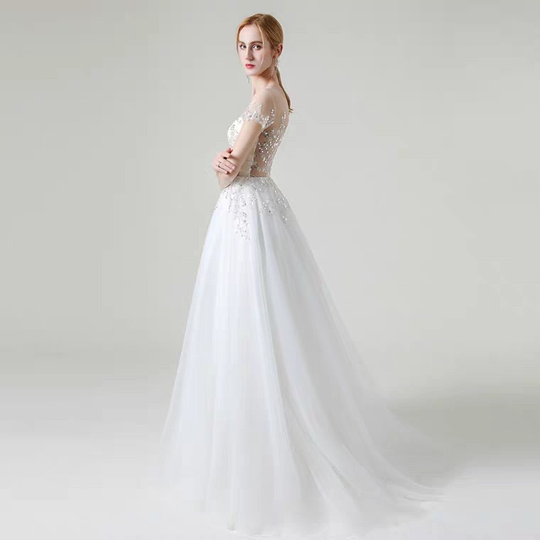 The Khloe Wedding Bridal Illusion Boat Neck Lace Gown
