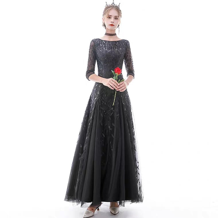 The Marleigh Long Sleeve Black/Blue/Silver Gown