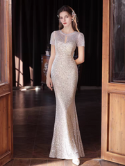 The Solasta Champagne Short Sleeve Evening Sequined Mermaid Dress