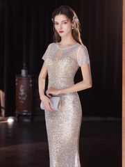 The Solasta Champagne Short Sleeve Evening Sequined Mermaid Dress