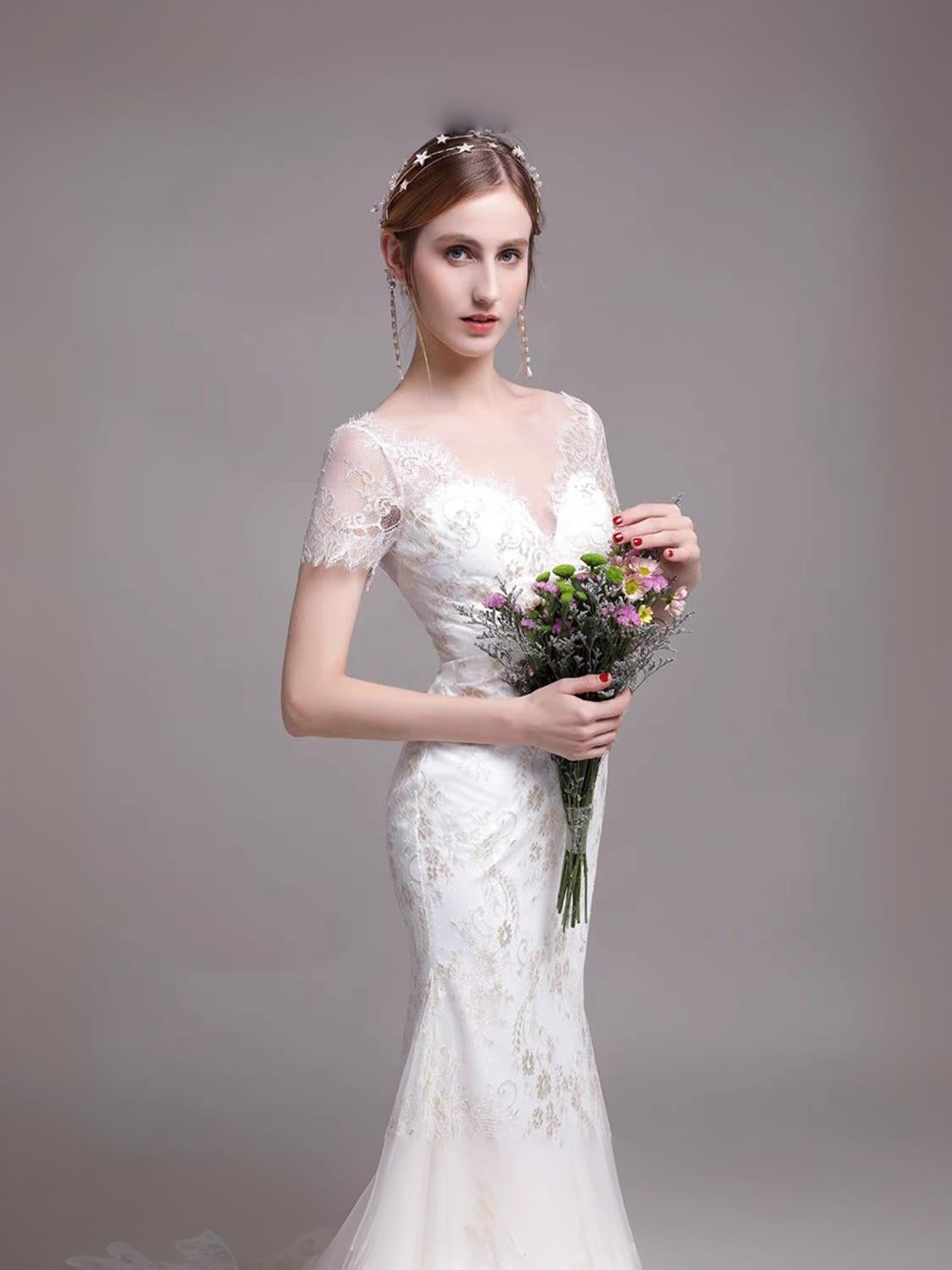 The Riley Wedding Bridal Short Sleeves Gown