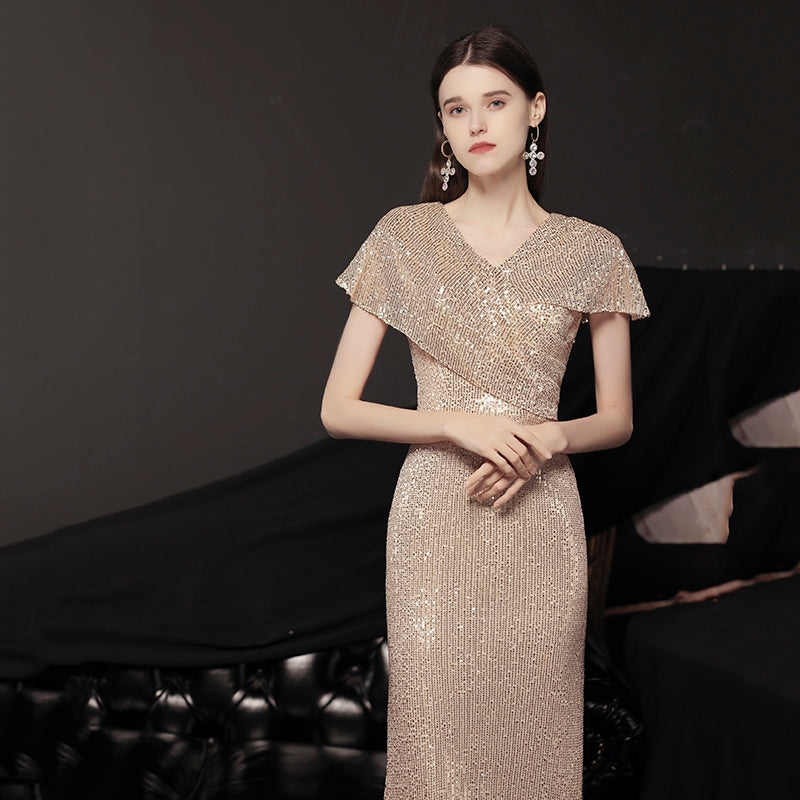 The Penny Champagne Short Sleeve Gown