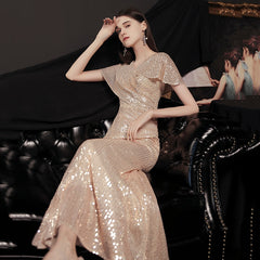 The Penny Champagne Short Sleeve Gown