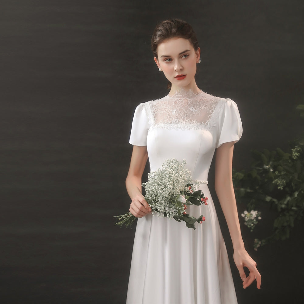 The Megan Wedding Bridal Short Sleeves Satin Gown