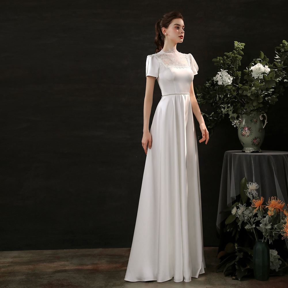 The Megan Wedding Bridal Short Sleeves Satin Gown